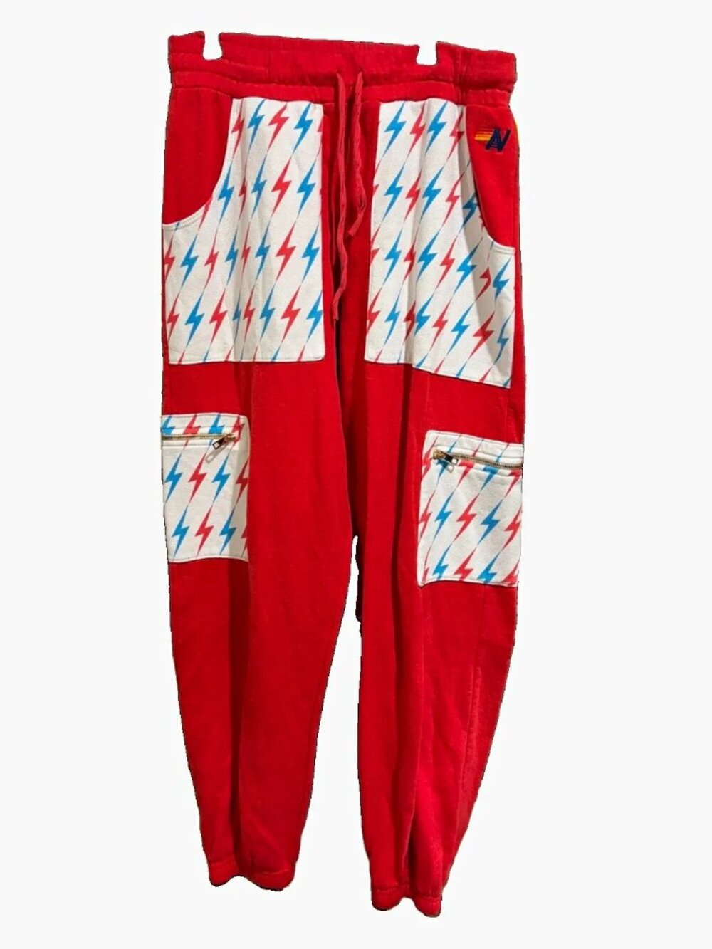 Aviator Nation Red Lightning Bolt Fleece Jogger Pants Mens XL Drawstring
